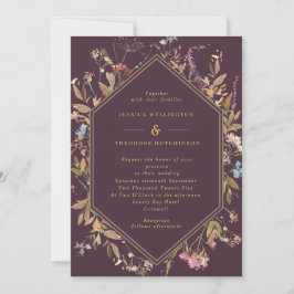 Eggplant Boho Wildbloemen Gold Geo Lijst Weddensch Kaart