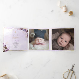 Eggplant Couronne de Feuillage Aquarelle, Bapteme Drieluik Uitnodiging