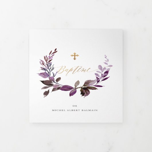 Eggplant Couronne de Feuillage Aquarelle, Bapteme Drieluik Uitnodiging (Cover)