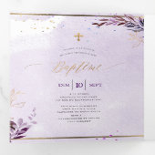 Eggplant Couronne de Feuillage Aquarelle, Bapteme Drieluik Uitnodiging (Binnenzijde eerst)