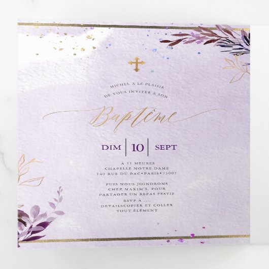 Eggplant Couronne de Feuillage Aquarelle, Bapteme Drieluik Uitnodiging (Binnenzijde eerst)