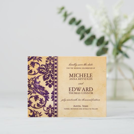  Eggplant Damask Lace Save the Date (Staand voorkant)