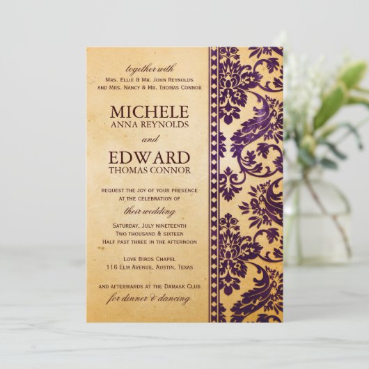  Eggplant Damask Lace Wedding Kaart (Staand voorkant)