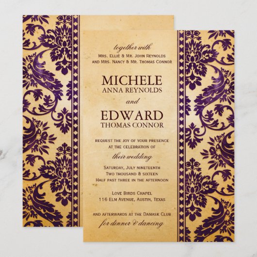  Eggplant Damask Lace Wedding Kaart (Voorkant / Achterkant)