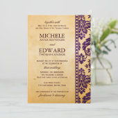  Eggplant Damask Lace Wedding Kaart (Staand voorkant)