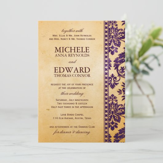  Eggplant Damask Lace Wedding Kaart (Staand voorkant)