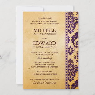 Eggplant Damask Lace Wedding Kaart