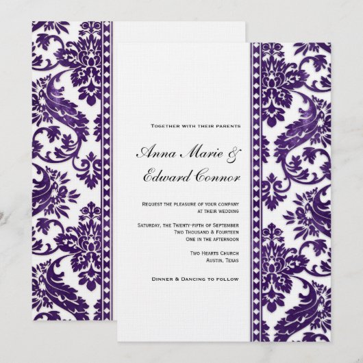 Eggplant  Damask Lace Wedding Kaart (Voorkant / Achterkant)