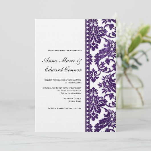 Eggplant  Damask Lace Wedding Kaart (Staand voorkant)