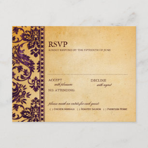 Eggplant Damask Lace Wedding RSVP Kaartje