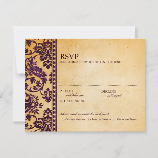 Eggplant Damask Lace Wedding RSVP Kaartje (Voorkant)