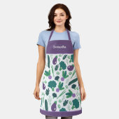 Eggplant- en broccoli-patroon met naam Paars apr Schort (Gedragen)