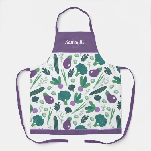 Eggplant- en broccoli-patroon met naam Paars apr Schort (Voorkant)