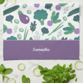 Eggplant en Broccoli Pattern met naam Paars Theedoek (Gevouwen)