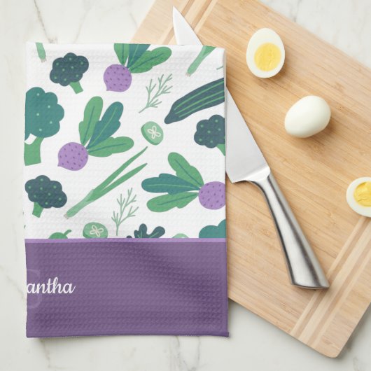 Eggplant en Broccoli Pattern met naam Paars Theedoek (Quarter Fold)