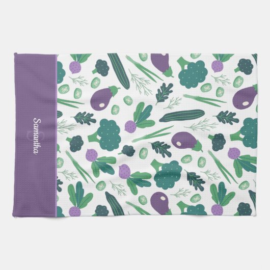 Eggplant en Broccoli Pattern met naam Paars Theedoek (Horizontaal)