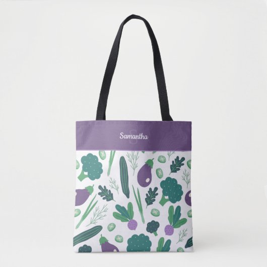 Eggplant en Broccoli Pattern met naam Paars Tote Bag (Voorkant)