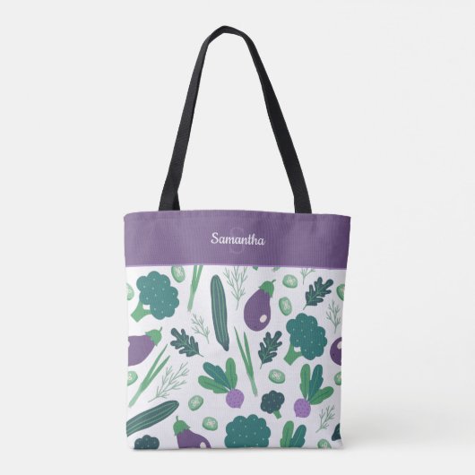Eggplant en Broccoli Pattern met naam Paars Tote Bag (Achterkant)