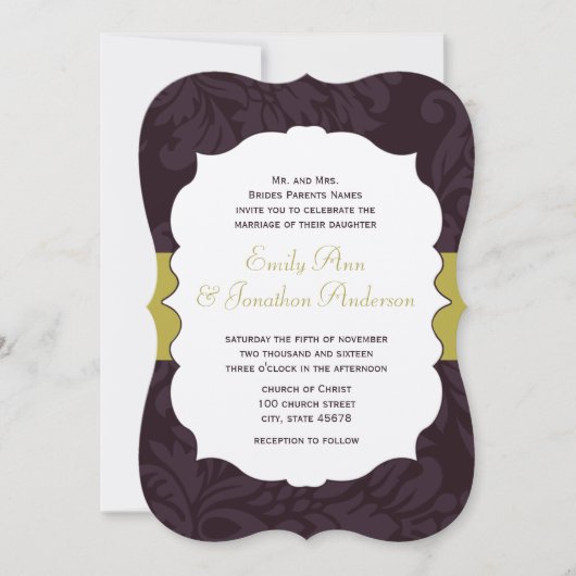 Eggplant en Golden Chartreuse Damask Wedding Kaart (Voorkant)