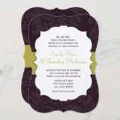Eggplant en Golden Chartreuse Damask Wedding Kaart (Voorkant / Achterkant)