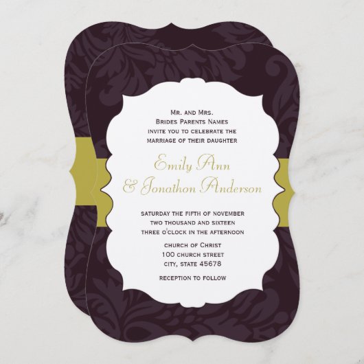 Eggplant en Golden Chartreuse Damask Wedding Kaart (Voorkant / Achterkant)