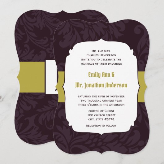 Eggplant en Limoen Damask Wedding Invitation Kaart (Voorkant / Achterkant)