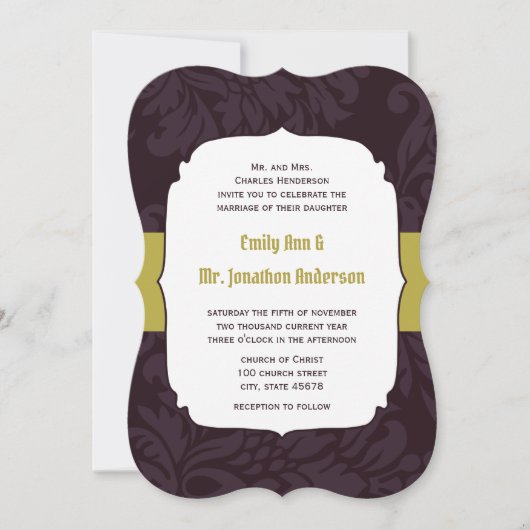 Eggplant en Limoen Damask Wedding Invitation Kaart (Voorkant)