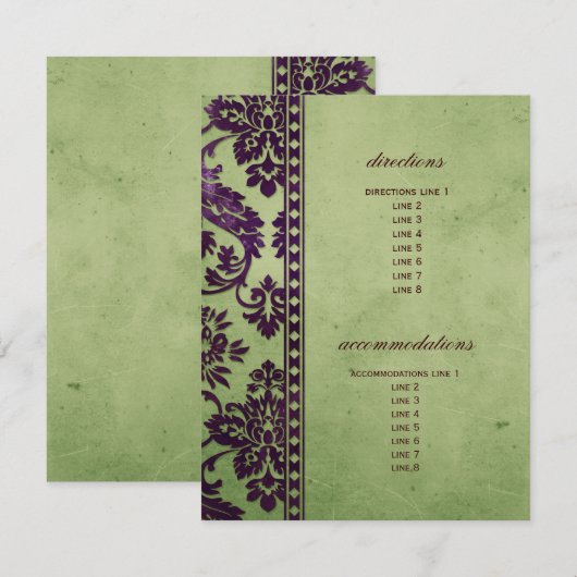 Eggplant en Olive Damask Lace Wedding Insert Informatiekaartje (Voorkant / Achterkant)