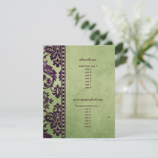Eggplant en Olive Damask Lace Wedding Insert Informatiekaartje (Staand voorkant)
