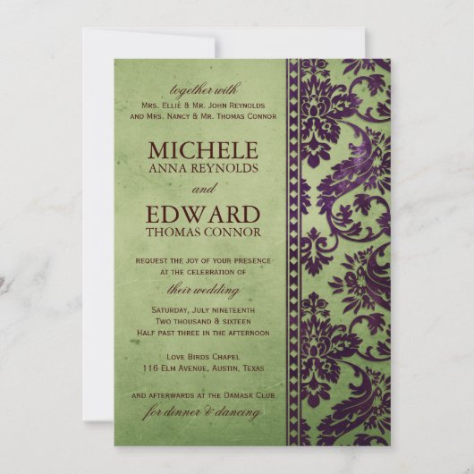  Eggplant en Olive Damask Lace Wedding Kaart (Voorkant)
