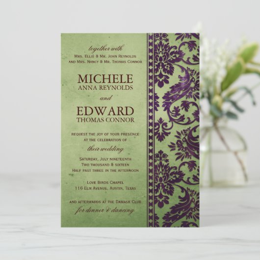  Eggplant en Olive Damask Lace Wedding Kaart (Staand voorkant)