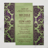  Eggplant en Olive Damask Lace Wedding Kaart (Voorkant / Achterkant)
