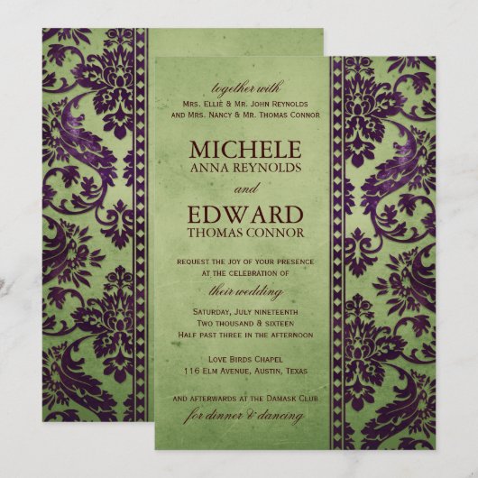  Eggplant en Olive Damask Lace Wedding Kaart (Voorkant / Achterkant)