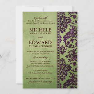Eggplant en Olive Damask Lace Wedding Kaart
