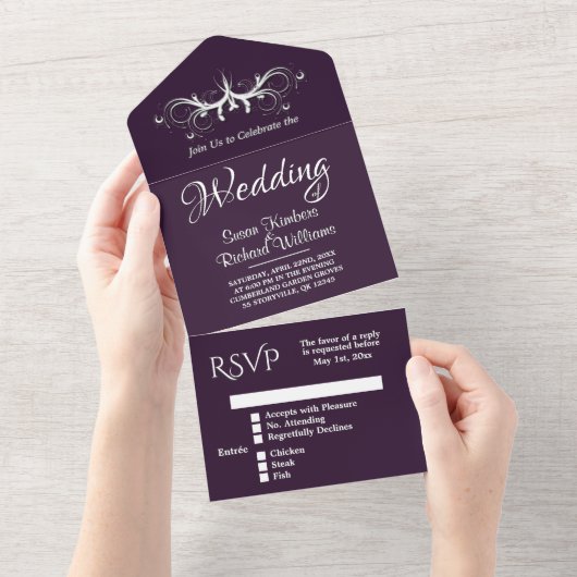 Eggplant en White Tri Fold w Rsvp Wedding All In One Uitnodiging (Afscheurbaar)