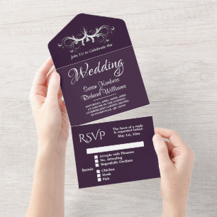 Eggplant en White Tri Fold w Rsvp Wedding All In One Uitnodiging