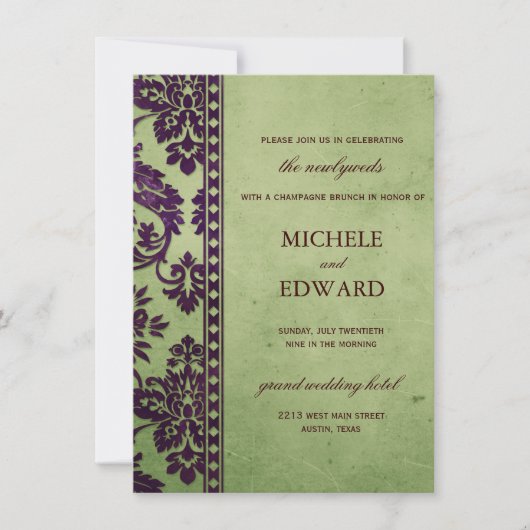 Eggplant & Olive Damask Lace Wedding Brunch Kaart (Voorkant)