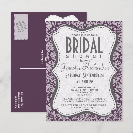 Eggplant Paars Damask Uitnodiging Briefkaart (Voorkant / Achterkant)