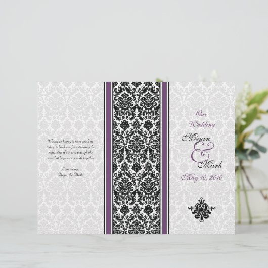 Eggplant Paars Damask Wedding Programme (Staand voorkant)