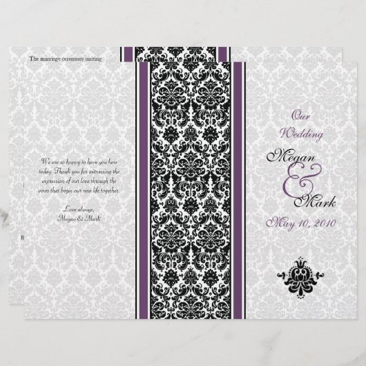 Eggplant Paars Damask Wedding Programme (Voorkant / Achterkant)
