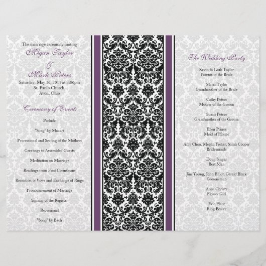 Eggplant Paars Damask Wedding Programme (Achterkant)