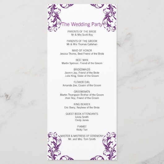 Eggplant Paars Damask Wedding Programme Programmakaart (Achterkant)
