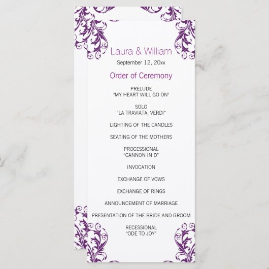 Eggplant Paars Damask Wedding Programme Programmakaart (Voorkant / Achterkant)