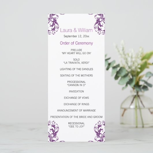 Eggplant Paars Damask Wedding Programme Programmakaart (Staand voorkant)