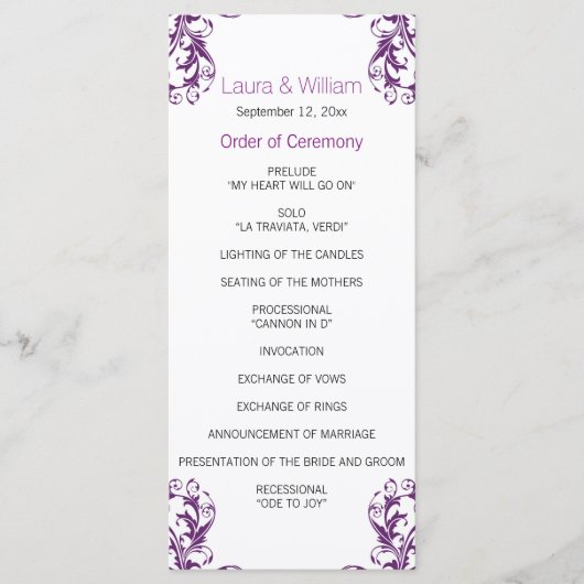Eggplant Paars Damask Wedding Programme Programmakaart (Voorkant)