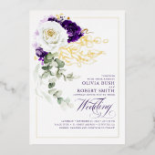 Eggplant Paars en White Floral Boho Wedding Folie Uitnodiging (Voorkant)