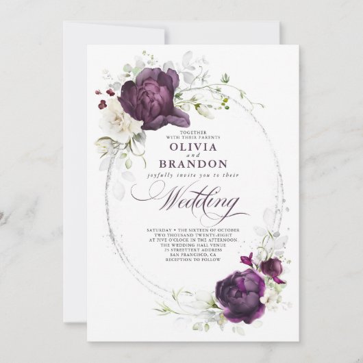 Eggplant Paars en White Floral Boho Wedding Kaart (Voorkant)