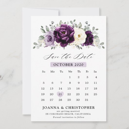 Eggplant Paars Plum Ivory White Floral Calendar Save The Date (Voorkant)