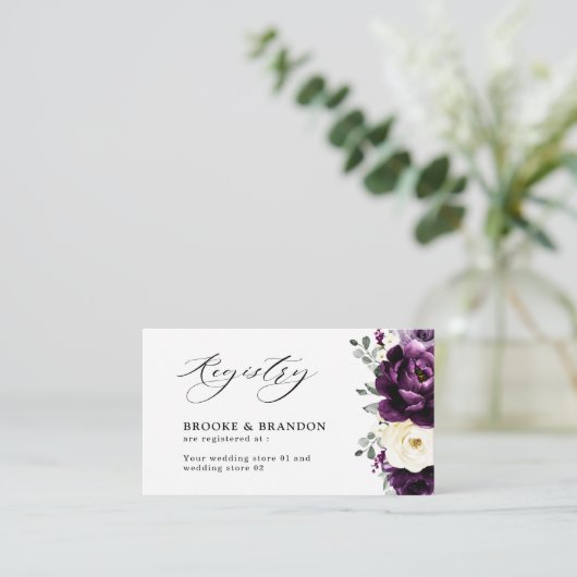 Eggplant Paars Plum Ivory White Floral Registry Informatiekaartje (Staand voorkant)