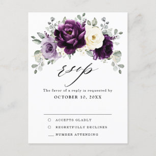 Eggplant Paars Plum Ivory White Floral RSVP Briefkaart